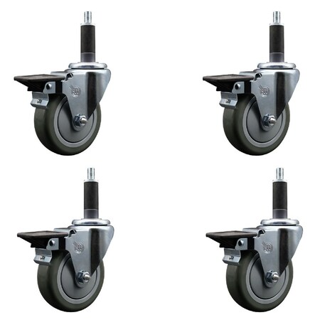 Service Caster 4'' Gray Poly Swivel 1'' Expanding Stem Caster Set with Brake, 4PK SCC-EX20S414-PPUB-PLB-1-4
